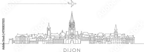 Dijon Skyline with Airplane and Dashed Line