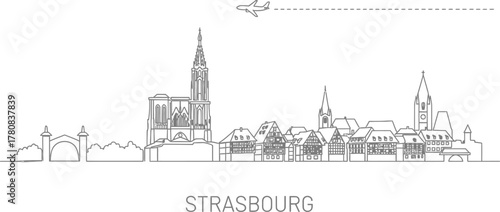Strasbourg Skyline Line Art with Airplane