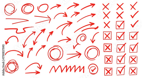 Collection of hand drawn red arrows circles checkmarks and xs on white background