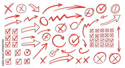 Collection of hand drawn red arrows checkmarks and crosses symbols for decision making and survey