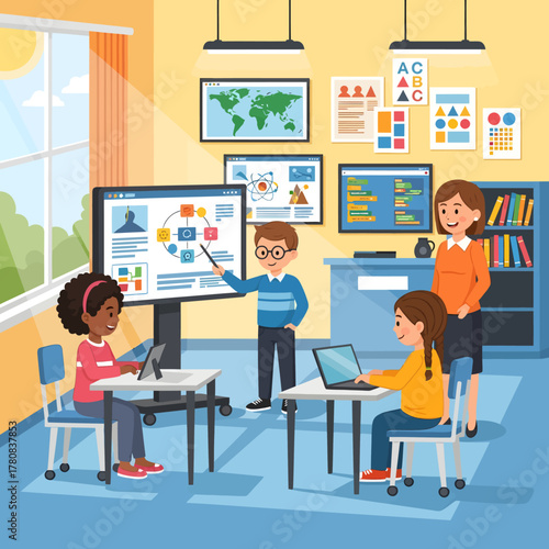 Diverse Students Learning with Technology in a Modern Classroom.