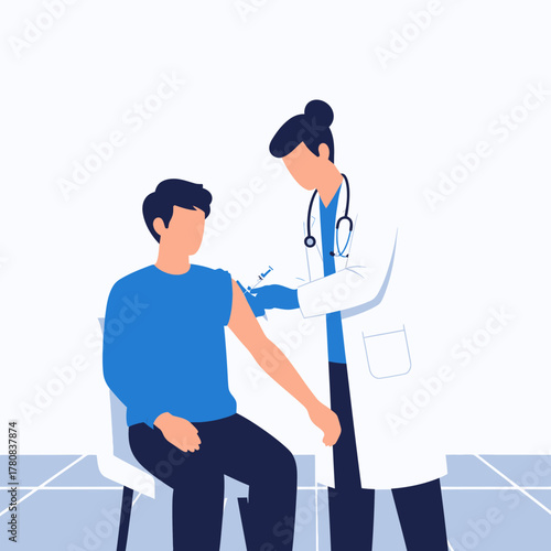 Doctor Administering Vaccine to Male Patient in Clinic Healthcare and Immunization Concept.