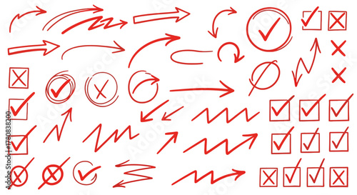 Collection of hand drawn red check marks crosses and arrows on white background