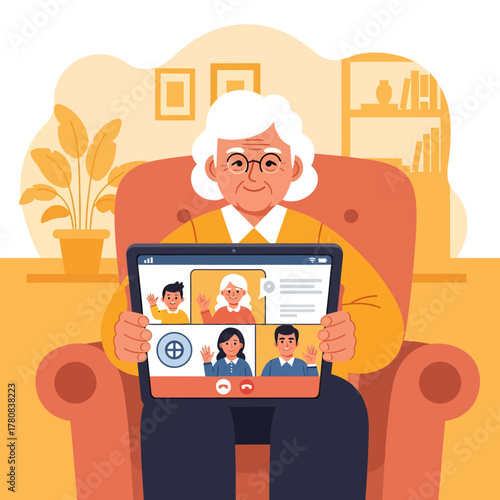 Elderly Woman Enjoying Video Call with Family on Tablet at Home.