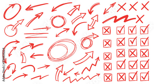 Collection of hand drawn red arrows circles and check marks on white background