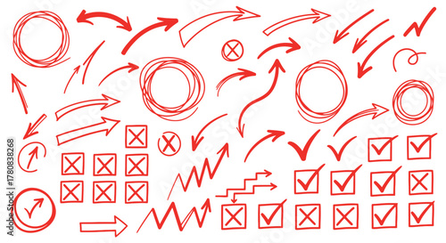 Collection of hand drawn red arrows circles checkmarks xs and wavy lines on white background