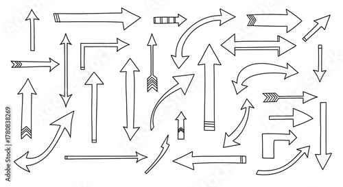 Collection of hand drawn arrows pointing in various directions and styles on white background