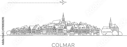 Colmar Skyline with Airplane Icon and Dashed Flight Path