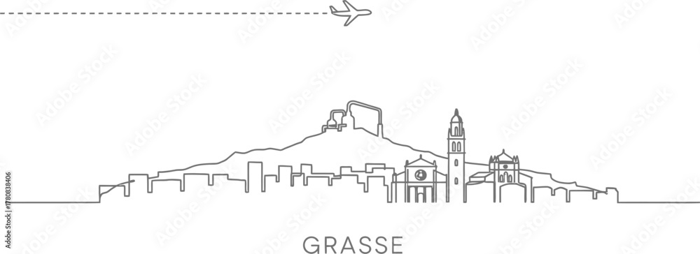 Fototapeta premium Grasse skyline with airplane icon and dashed line