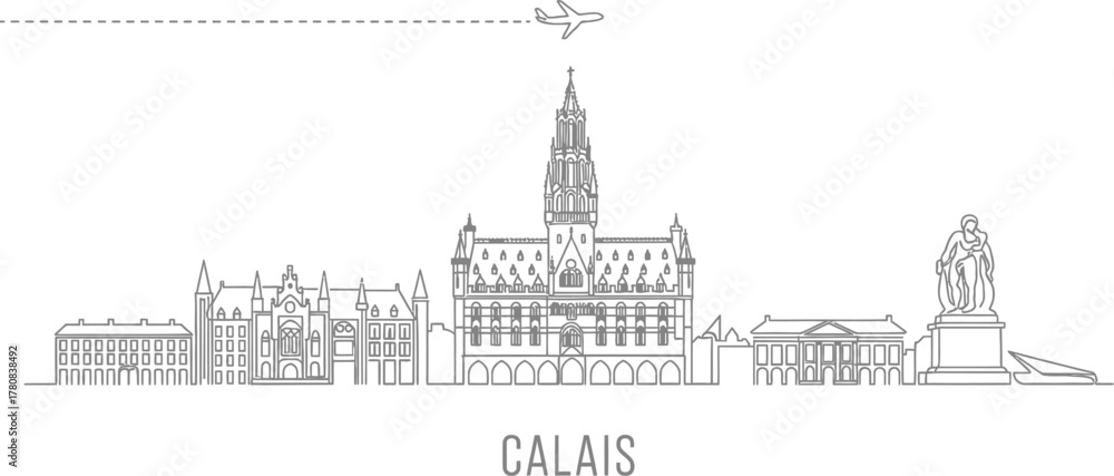 Fototapeta premium Calais Skyline with Airplane and Monument Line Art