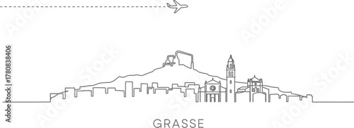 Grasse skyline with airplane icon and dashed line