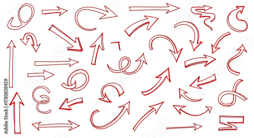 Collection of hand drawn red arrows pointing in various directions and styles on white background