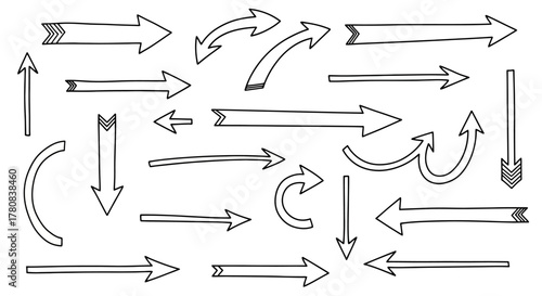 Collection of hand drawn arrows in various styles and directions on a white background