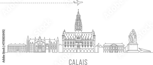 Calais Skyline with Airplane and Monument Line Art