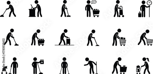 Stick figure daily task icons, shopping cleaning caregiving gestures, minimalist blackwhite character set, cad drawing flat vector illustration