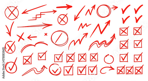 Collection of hand drawn red checkmarks x marks circles and arrows on white background