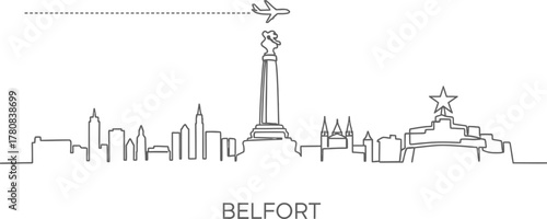 Minimalist Belfort Skyline with Airplane