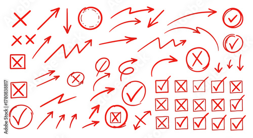 Collection of hand drawn red arrows checkmarks crosses circles and xs symbols on white background