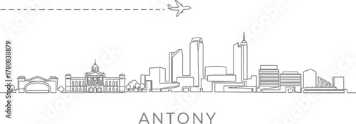 Antony Skyline Cityscape with Airplane Travel Line Art