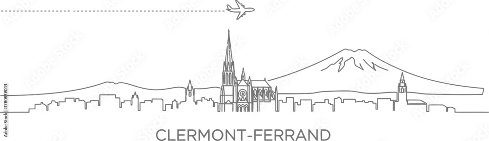 Fototapeta premium Clermont-Ferrand Skyline with Airplane and Volcano Outline