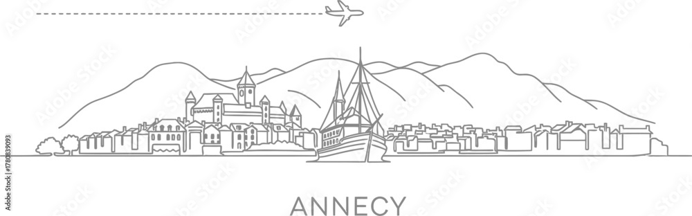 Naklejka premium Annecy France Skyline with Airplane and Mountains Line Art