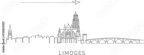 Limoges France Skyline Cityscape with Airplane and Bridge Line Art