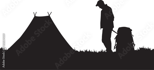 Black silhouette of a person with a backpack next to a tent