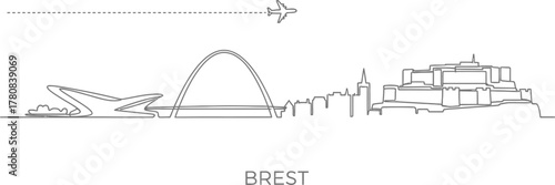 Minimalist Brest Skyline with Airplane and Dash Line