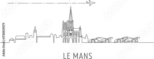 Le Mans Skyline with Racing Cars and Airplane Line Art