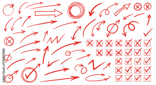 Collection of hand drawn red arrows circles checkmarks and x marks on white background