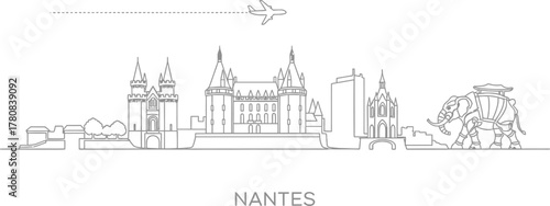 Nantes Skyline Line Art with Airplane and Elephant Icon