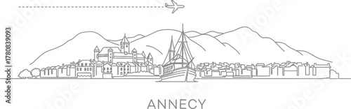 Annecy France Skyline with Airplane and Mountains Line Art