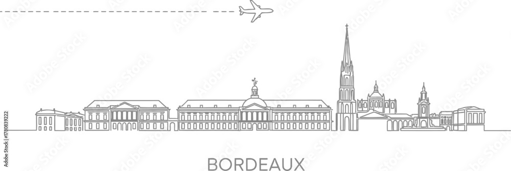 Obraz premium Bordeaux Skyline with Airplane and Dash Line