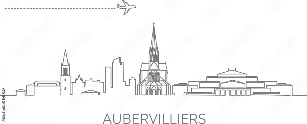 Fototapeta premium Aubervilliers Skyline Cityscape Outline with Airplane