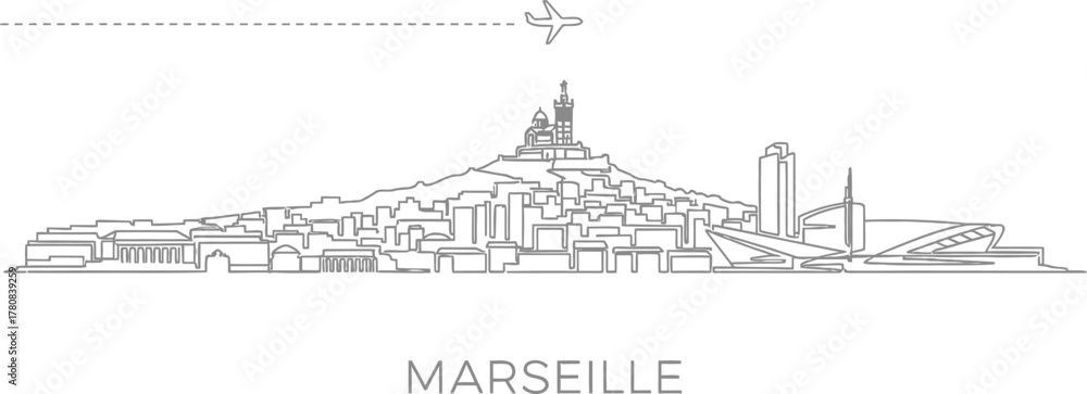 Obraz premium Marseille Cityscape Line Art with Airplane and Dash Line