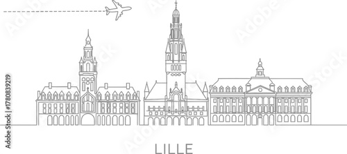 Lille Skyline Line Art with Airplane