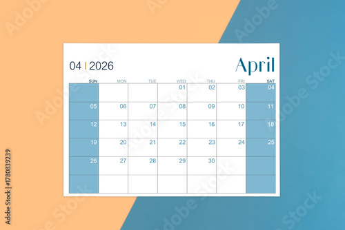 April 2026 calendar page on yellow and blue color background.