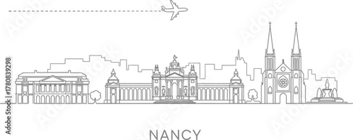 Nancy skyline with airplane and dashed flight path
