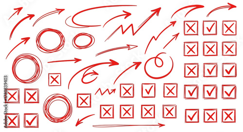 Collection of hand drawn red arrows circles checkmarks and xs doodle elements for design and planning
