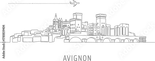 Avignon Skyline Line Drawing with Airplane Icon