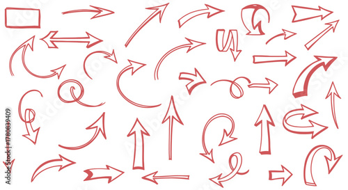 Collection of hand drawn red arrows and symbols on a white background for design and illustration