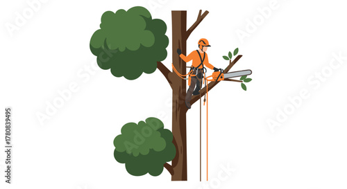 Tree surgeon climbing with chainsaw in safety gear