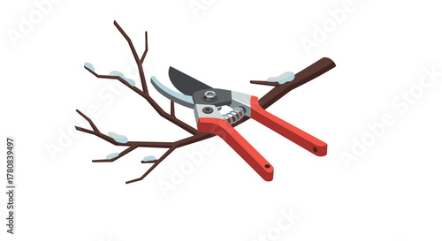 Red hand pruners cutting snowcovered tree branch in isometric style
