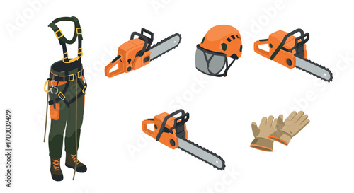 Chainsaw equipment set with safety gear in isometric style for tree work and forestry