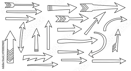Collection of hand drawn doodle arrows pointing in various directions and styles