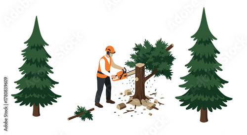 Lumberjack in safety gear cutting tree with chainsaw and evergreen trees in isometric style