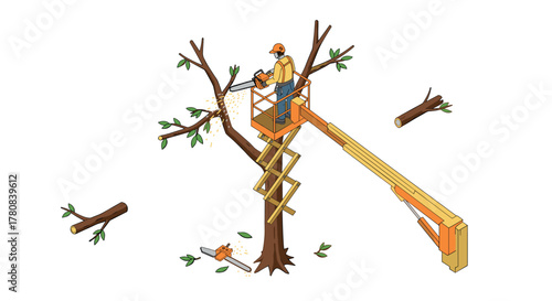 Arborist trimming tree with chainsaw from lift in isometric style