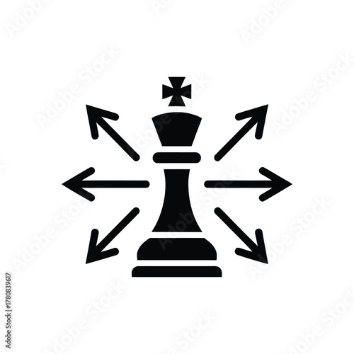 Black King Chess Piece surrounded by arrows in different directions on White