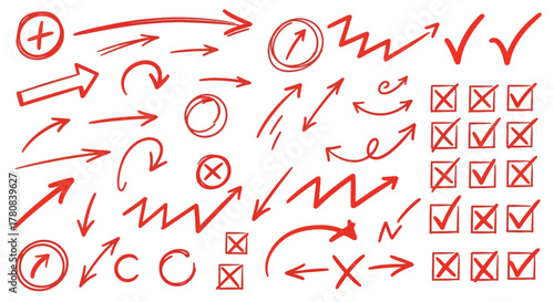 Collection of hand drawn red arrows checkmarks crosses circles and plus signs on white background