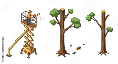 Worker pruning tree in lift platform with chainsaw